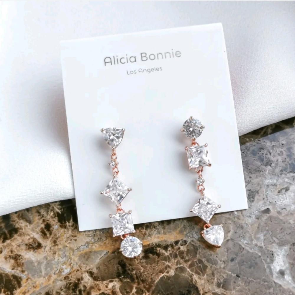 Alicia Bonnie Carol Geometric Crystal Rose Gold CZ Drop Earrings NWT